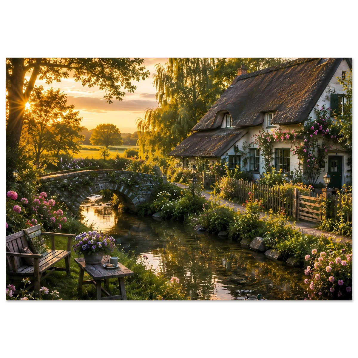Poster mit Landhaus am Bach, Steinbrücke, Blumenbeeten und Steinen am Flussufer