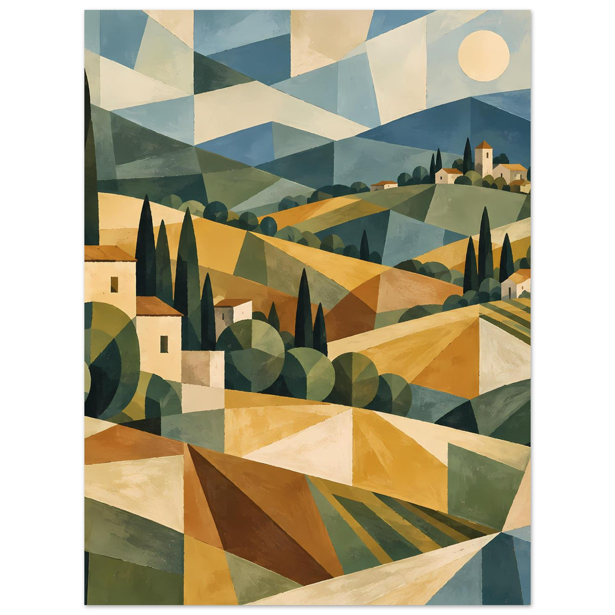 Poster mit geometrischem Landschaftsbild: Toskana-Hügel, Zypressen, Dorf und warmfarbige Flächen