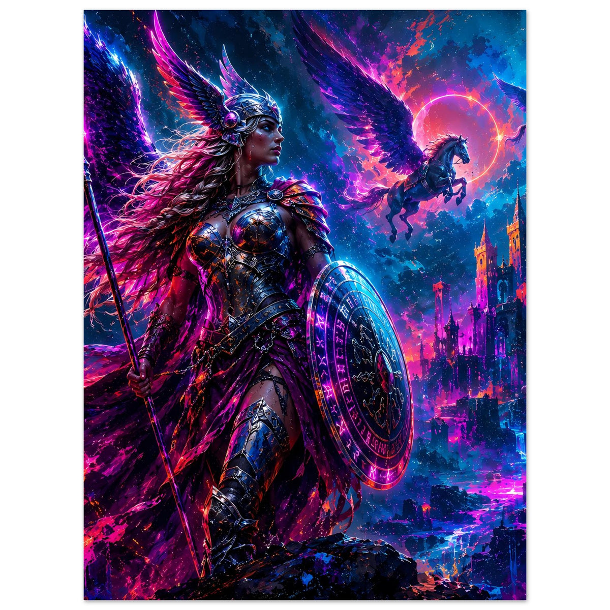 Fantasy-Poster: Walküre in Rüstung mit Speer und rundem Schild, bunte Magie über den Türmen