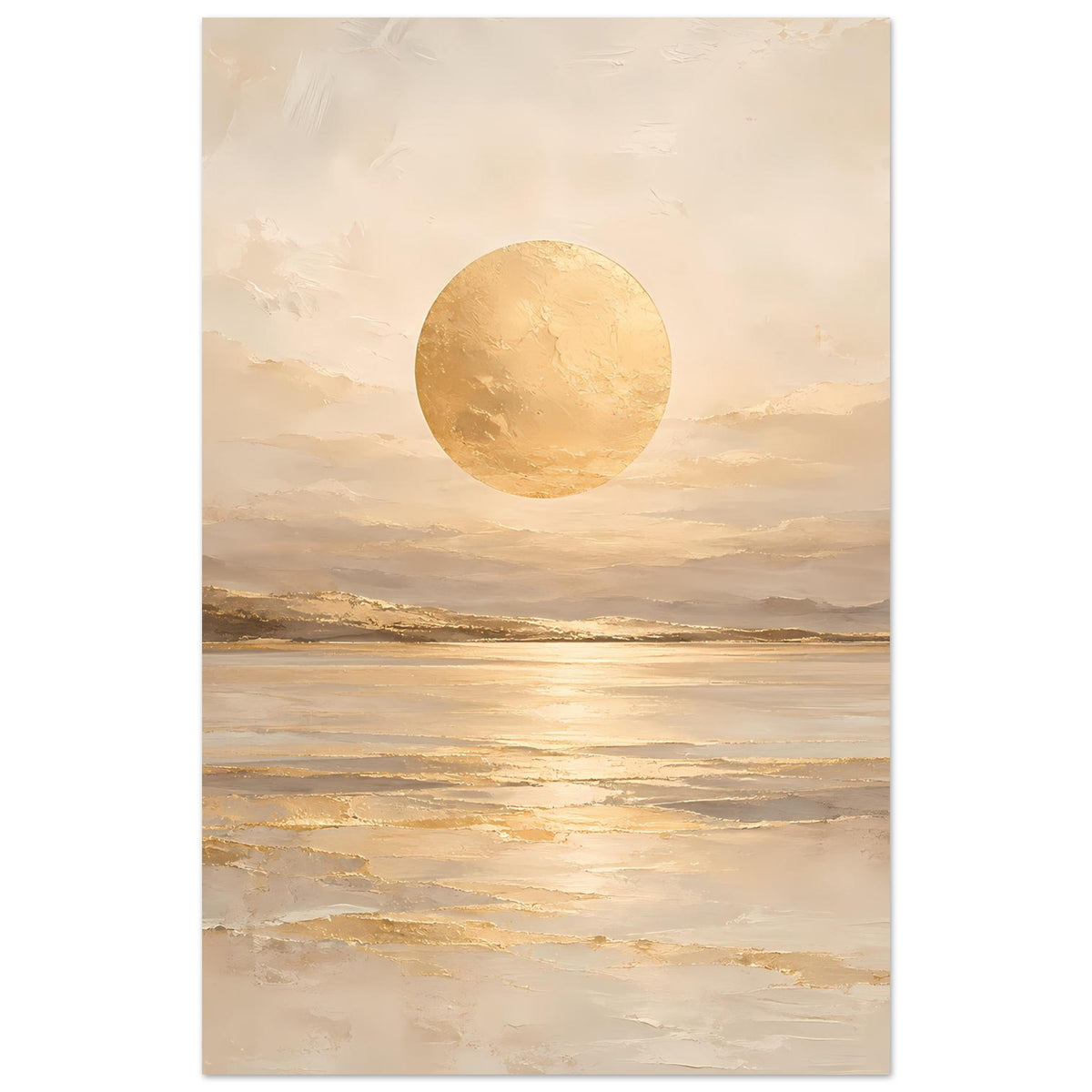 Hochformatiges Kunstposter: goldene Sonne am Himmel über sanfter Sandstrand-Landschaft