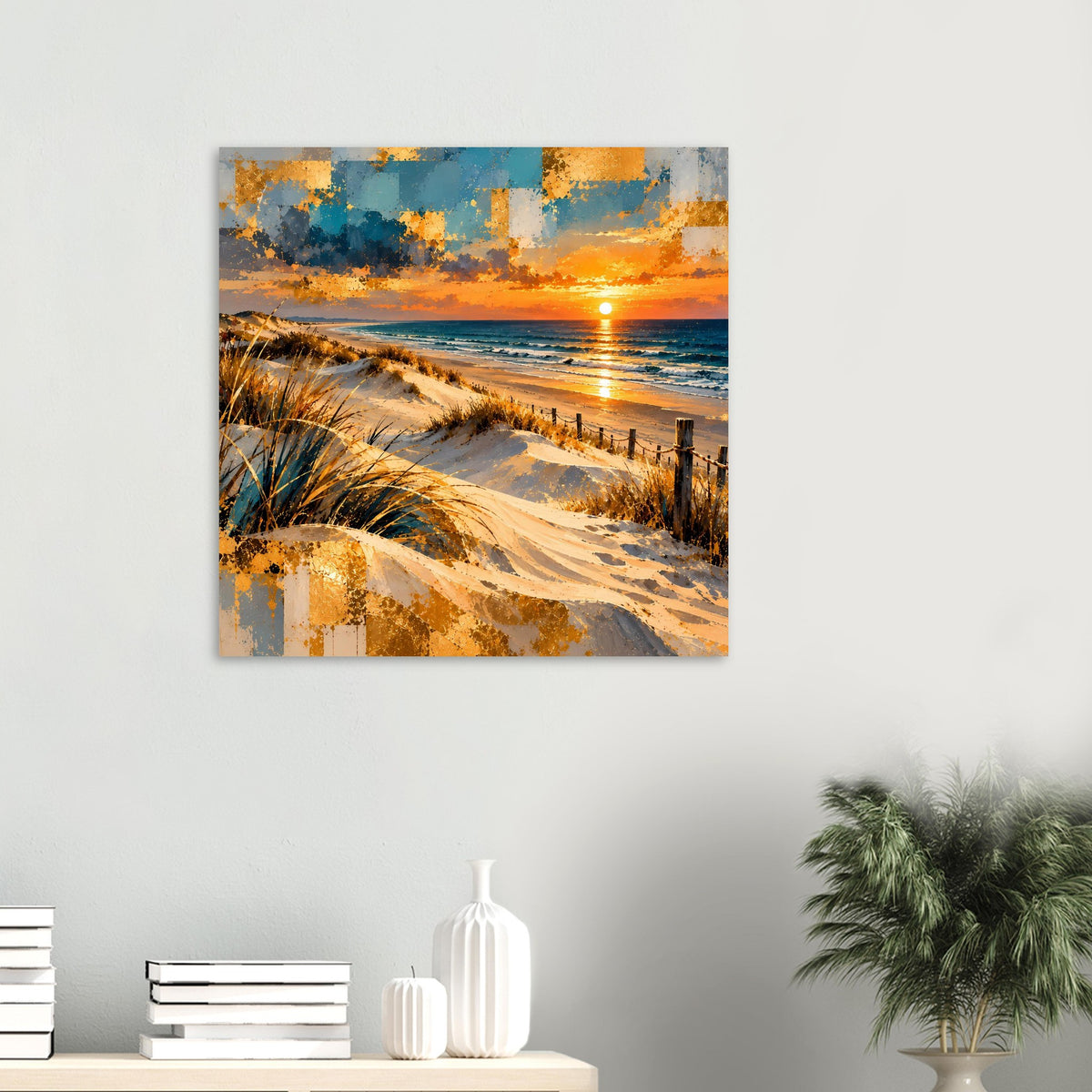 Wandposter mit Stranddünen, Sandweg und Sonnenuntergang über dem Meer