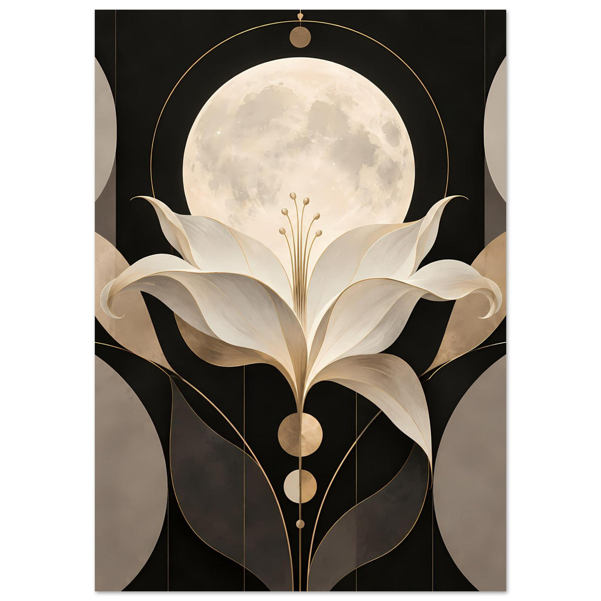 Art-déco-Poster mit cremefarbener Lilie vor Mond, in Gold und Schwarz