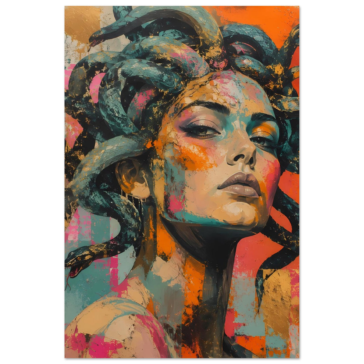 Kunstdruck-Poster (beschnitten) mit Medusa-Porträt, Schlangenhaar über Schulter und Blick