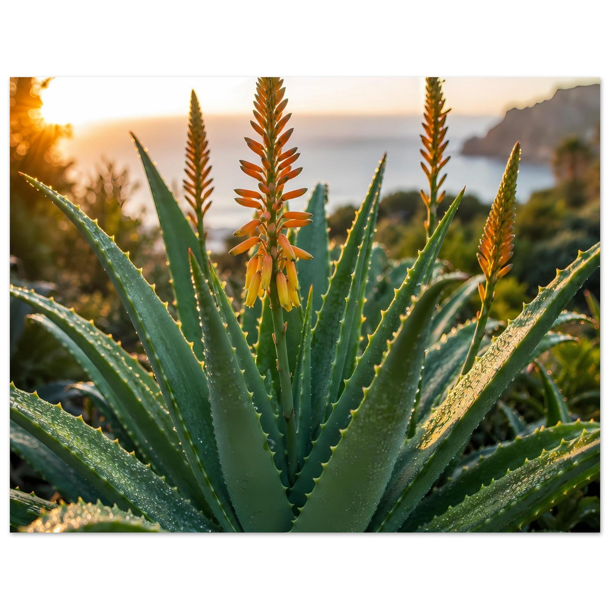 Poster mit Aloe-Pflanze: grüne Blätter, orangefarbene Blütenstiele und Rosette