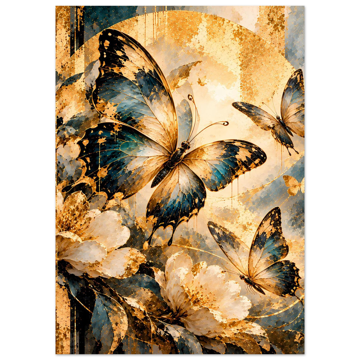 Schmetterlingsposter mit zentralem großen Schmetterling und weiteren Motiven in Blau-Gold