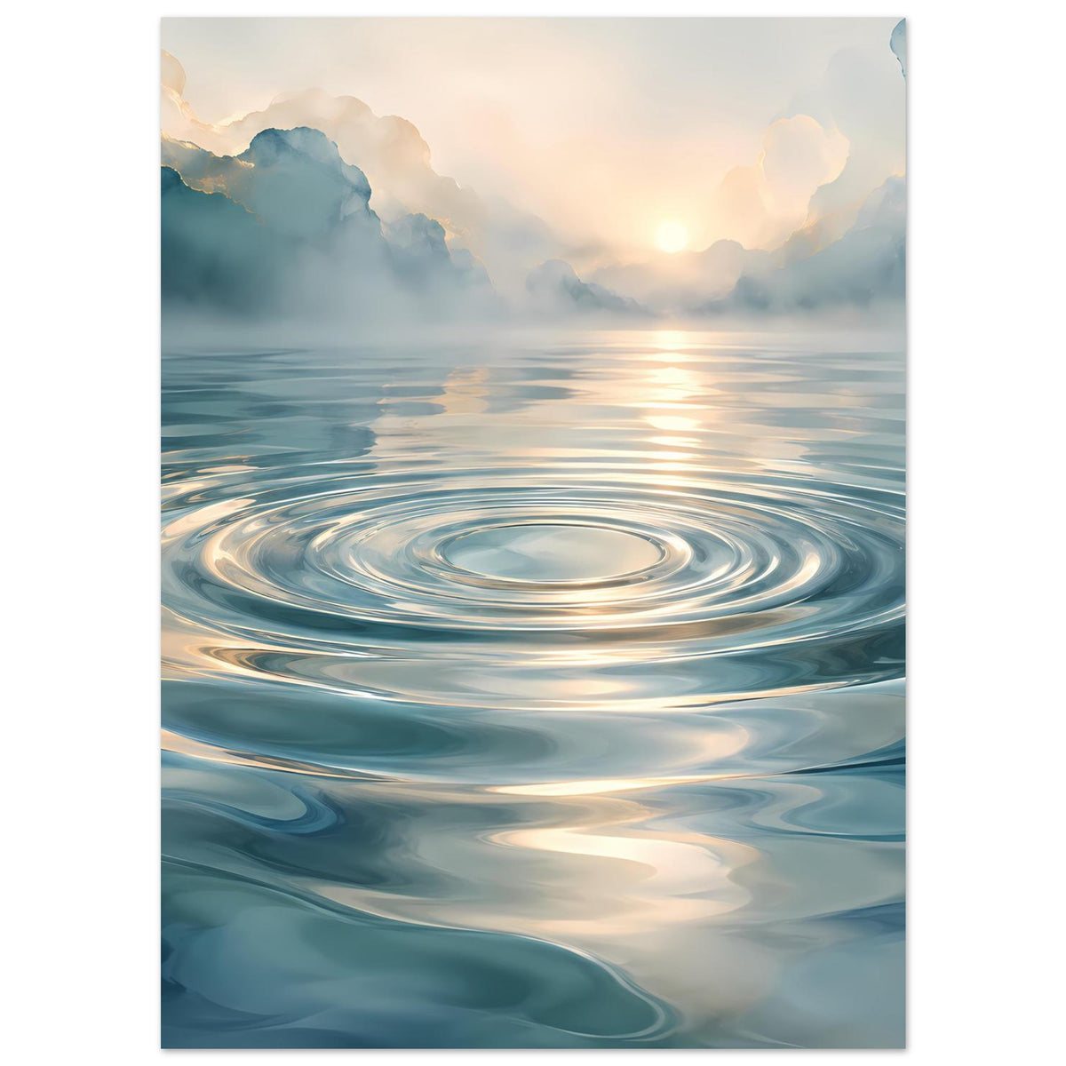 Poster im Hochformat mit sanften Meerwellen, gold-orangem Licht und dichter Wolkenfront