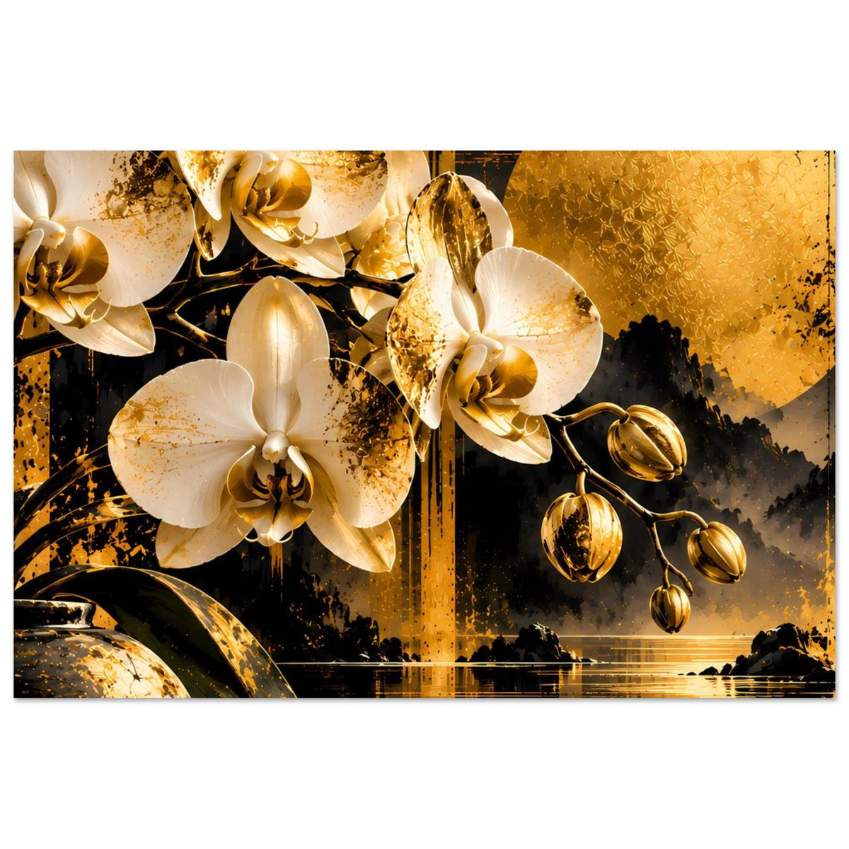 Orchideen-Wandposter mit mehreren weißen Blüten und goldenen Ornamenten am Motiv.