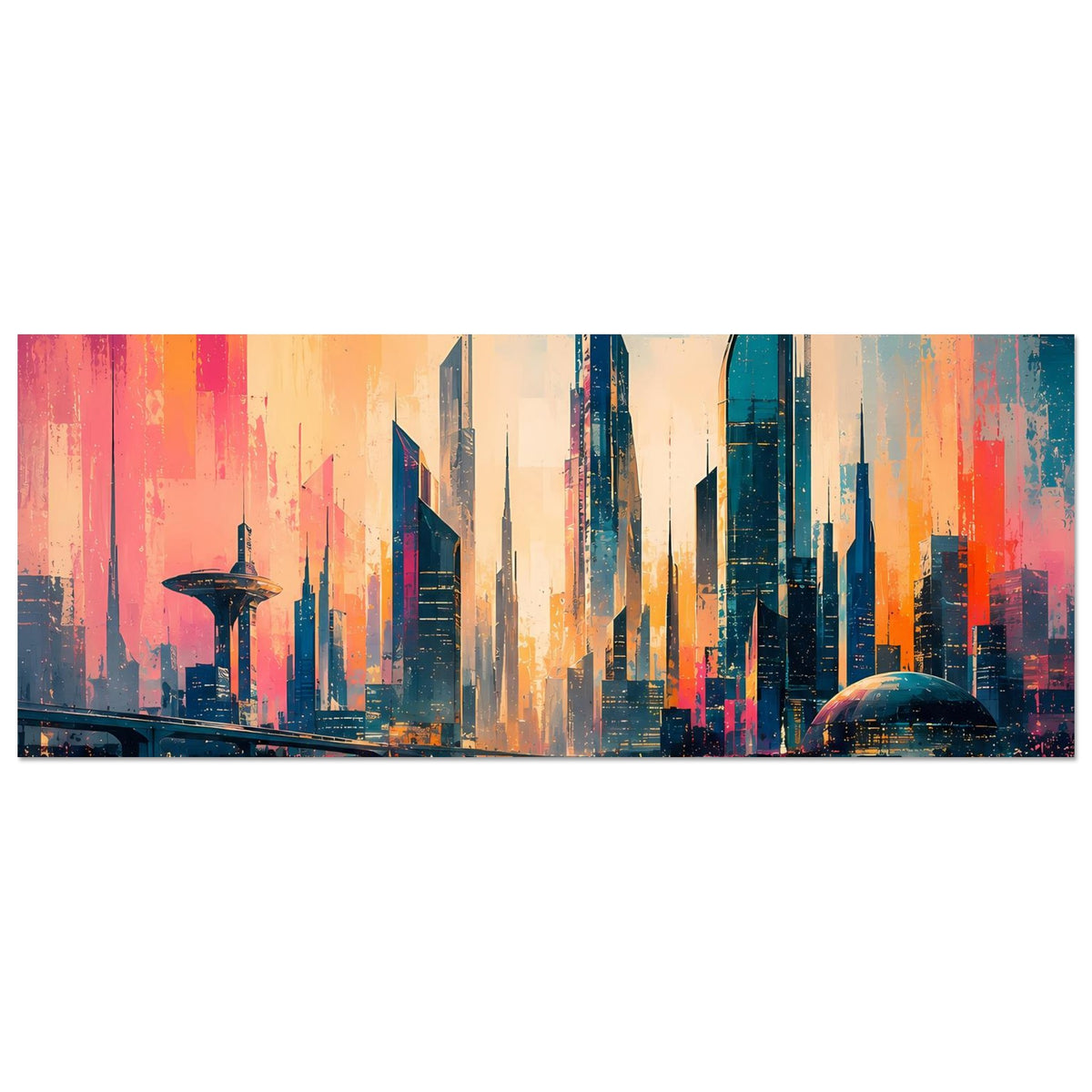 Horizontales Stadtlandschafts-Poster mit futuristischen Türmen, Reflexionen und leuchtenden Farben