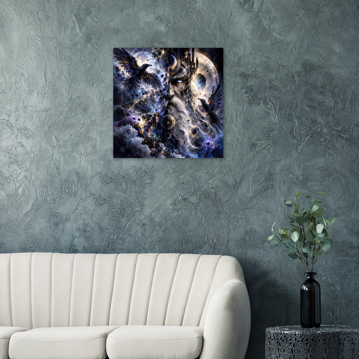 Fantasy-Poster mit Rabe, kreisförmigem Mond und Sternen in Blau auf dunklem Hintergrund