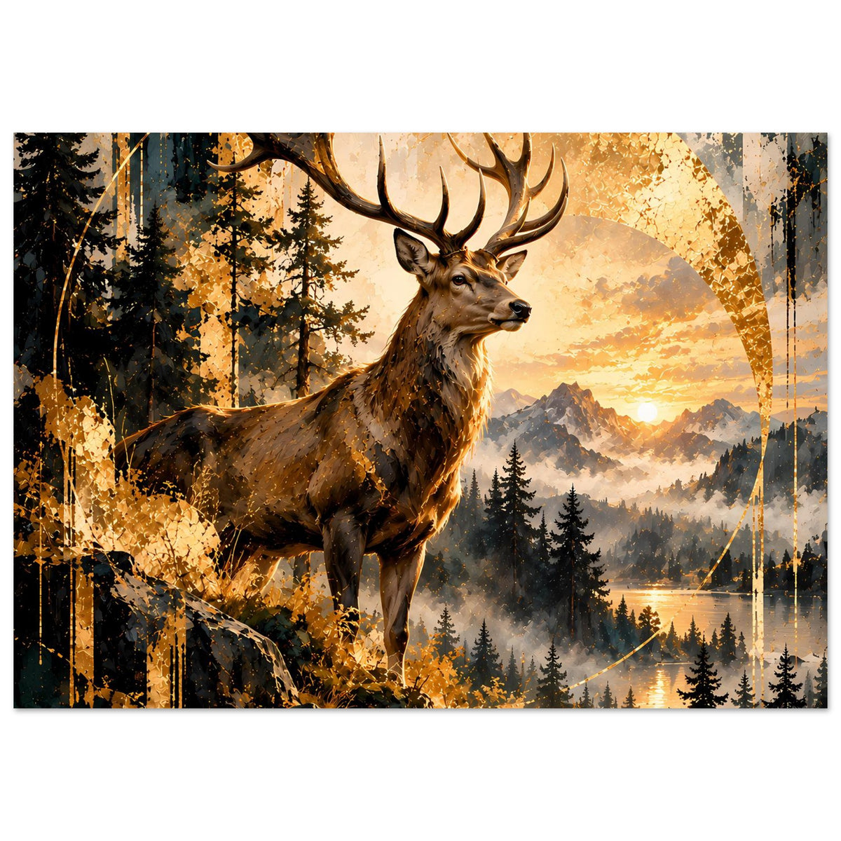Poster: Hirsch im Wald bei goldenem Sonnenuntergang, großes Geweih im Fokus
