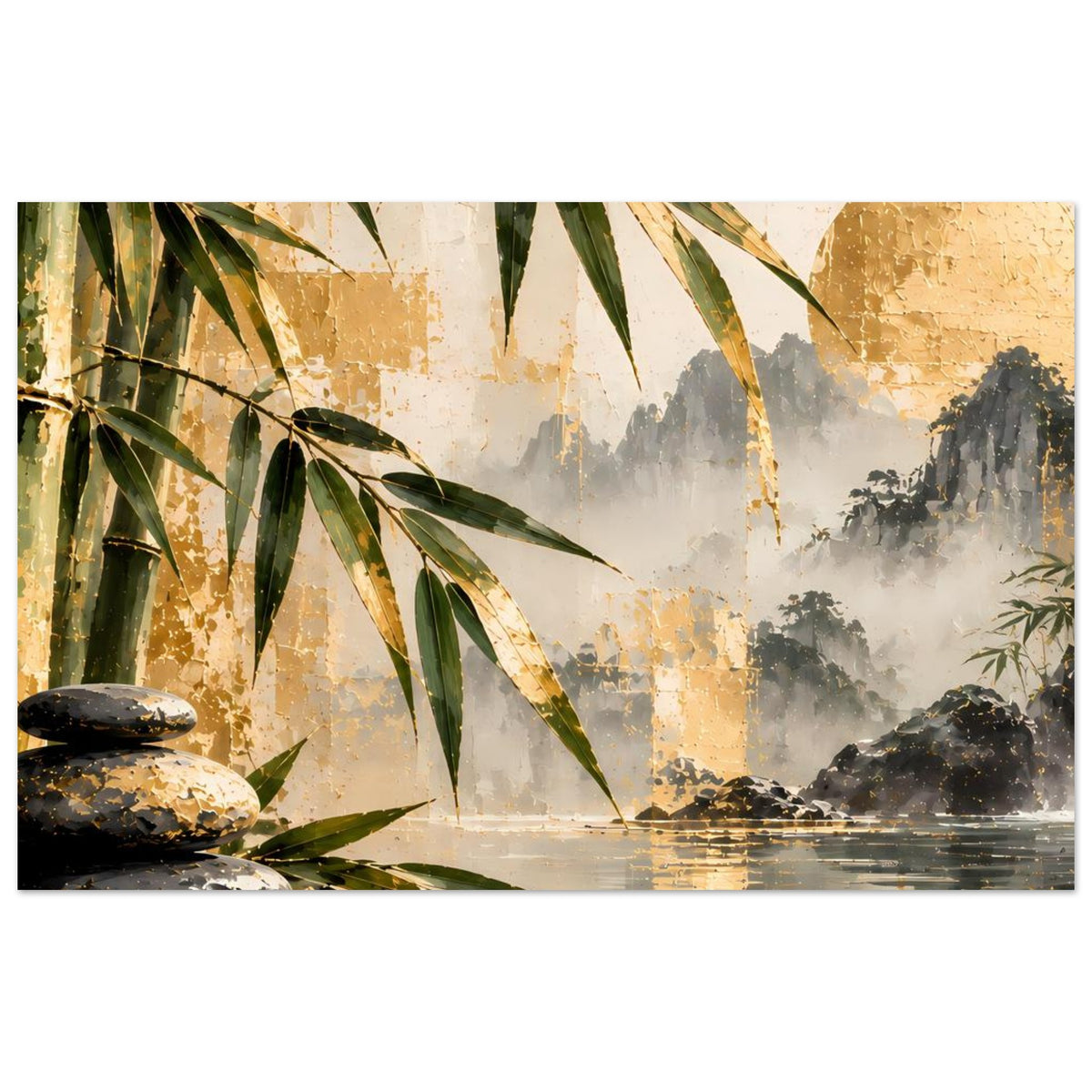 Breites Poster: Bambusblätter links, nebliger Wasserfall rechts, goldene Reflexe auf ruhigem Wasser