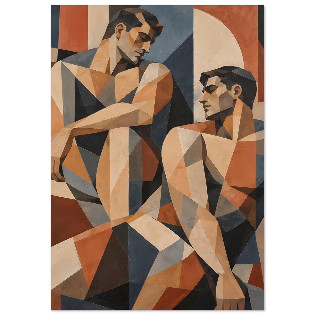 Kunstposter im Hochformat: zwei stilisierte Figuren aus Dreiecken, Erdtöne, Beige und Dunkelblau.