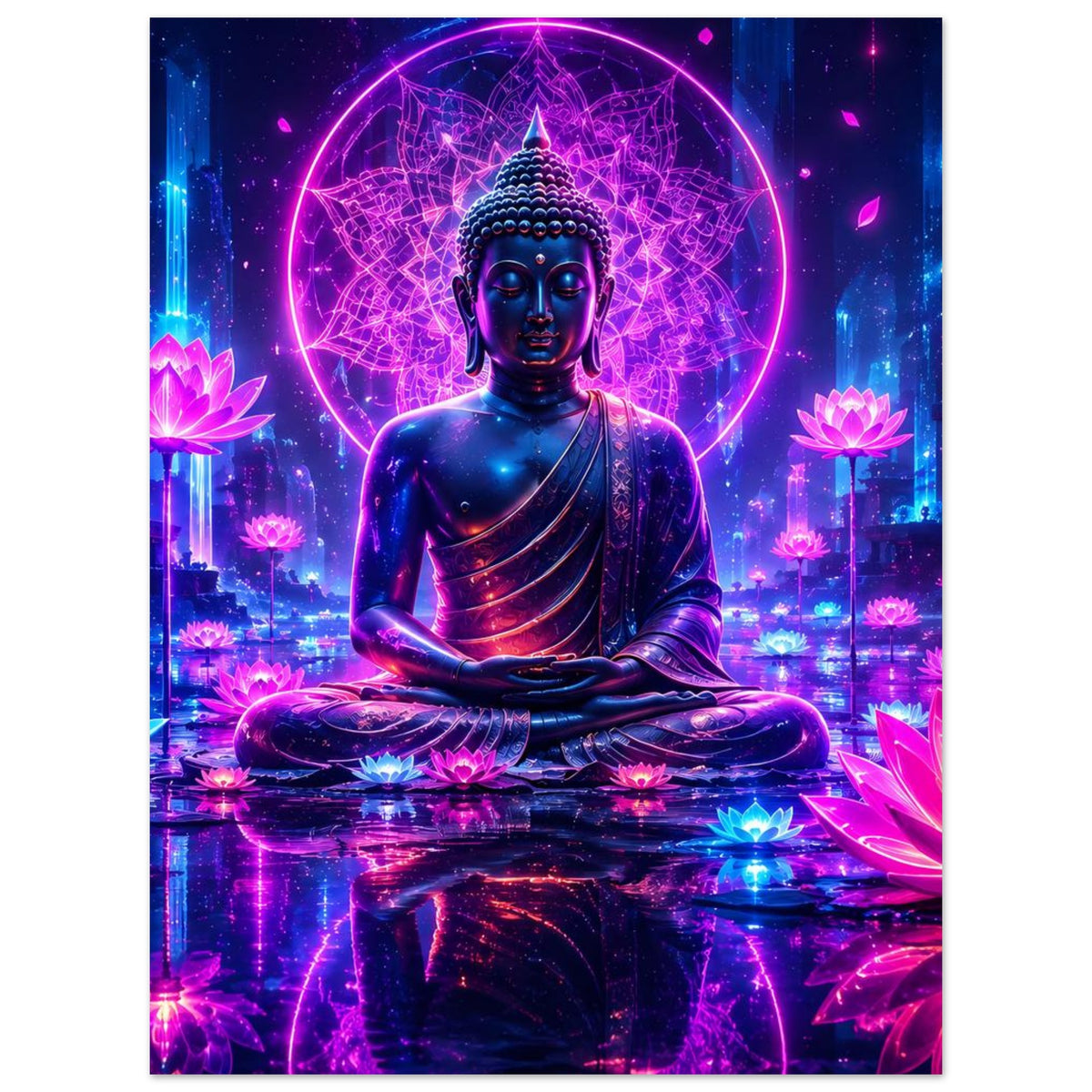 Buddha-Meditationsposter: sitzender blauer Buddha mit leuchtenden Lotusblüten und Neon-Zeichenkreis