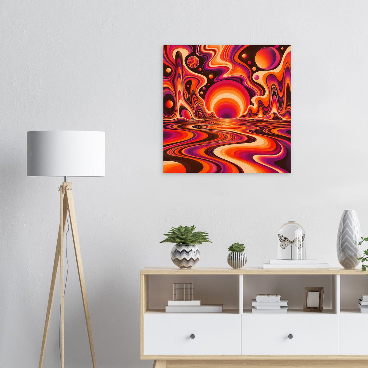 Psychedelisches Poster mit orangen und violetten Kreis- und Wellenwirbeln
