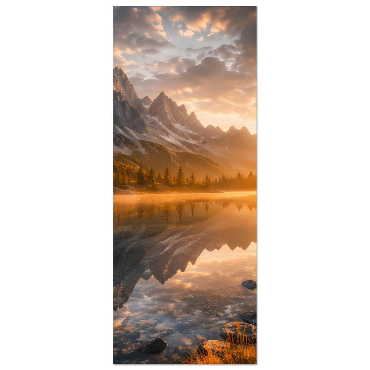 Hochformatposter: Bergsee mit Felsen im Vordergrund und warmem Sonnenaufgang