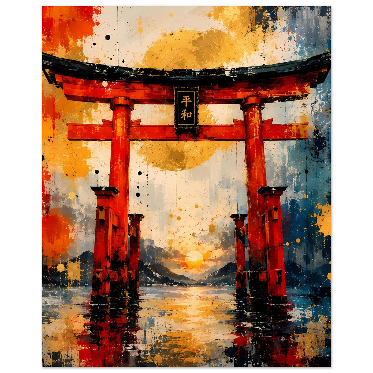 Poster mit rotem Torii-Tor in Graffiti-Optik, Farbflächen in Orange, Blau und Gelb