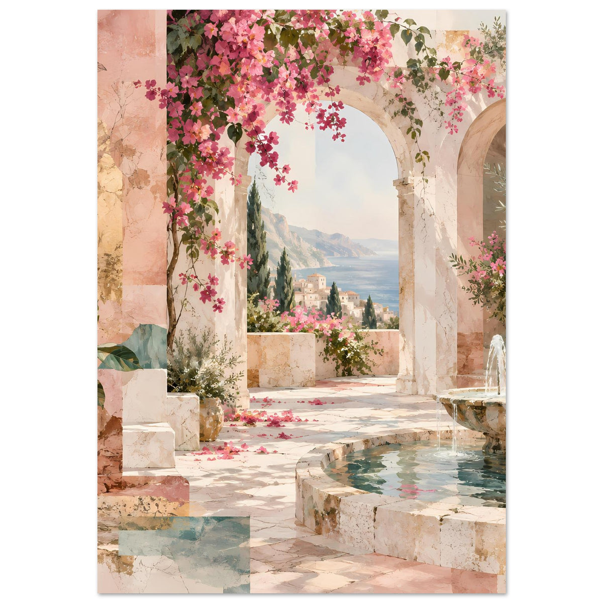 Kunstposter mit Gartenlaube aus Bögen, rosafarbener Blütenpracht und Springbrunnen.