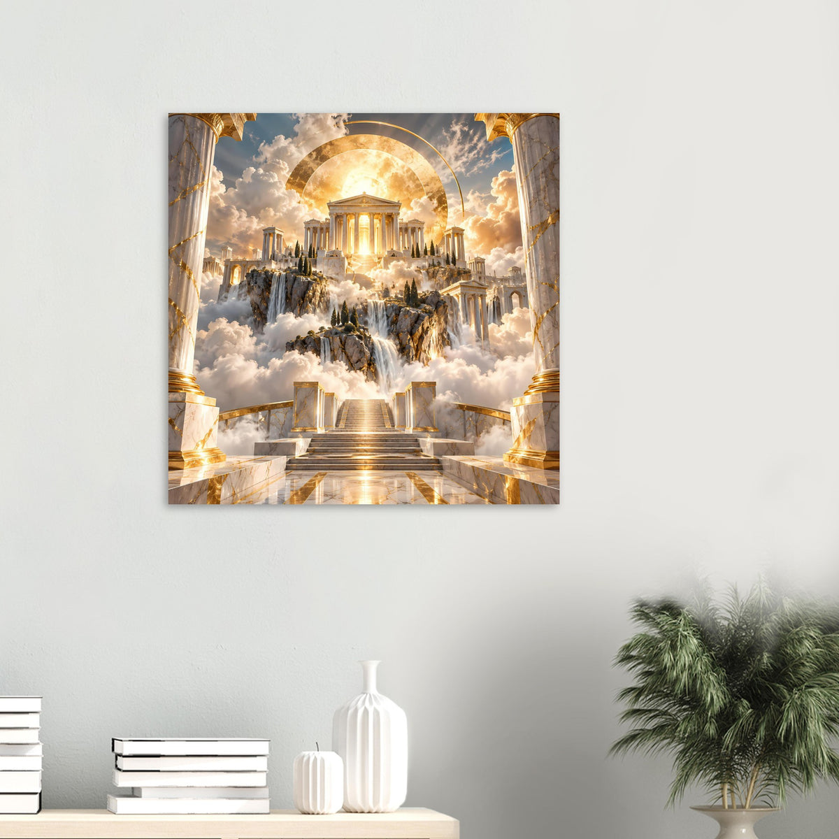 Posterbild mit Tempel im Lichtkreis und goldener Treppe über Wolken