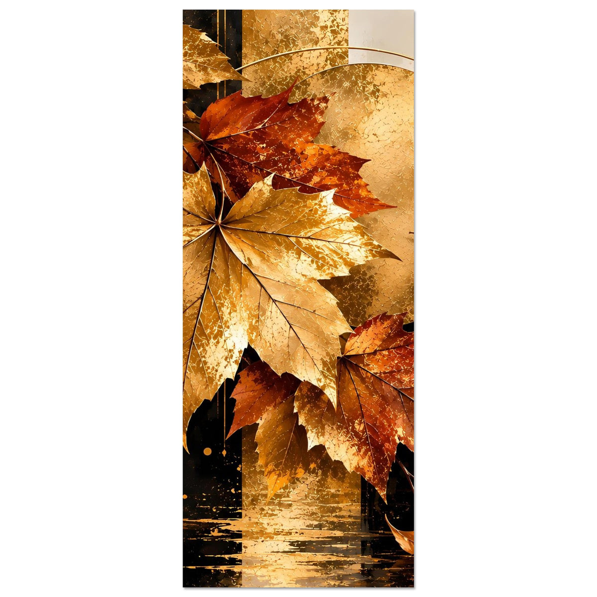 Poster mit goldenen Ahornblättern in warmen Rot- und Gelbtönen, mit goldenem Kreis