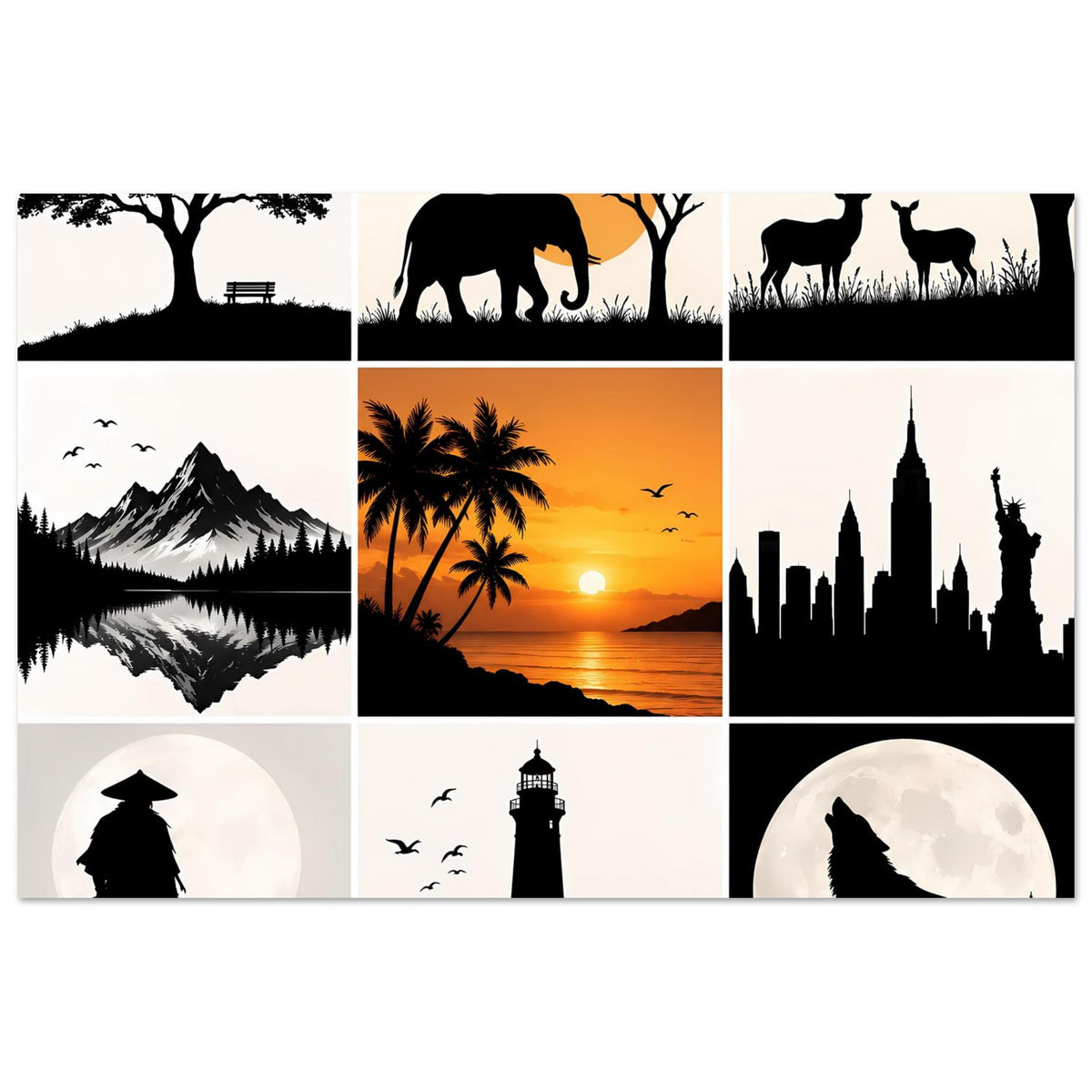 Kunstposter-Collage mit Elefant-, Hirsch- und Stadt-Silhouetten sowie Palmen-Sonnenuntergang