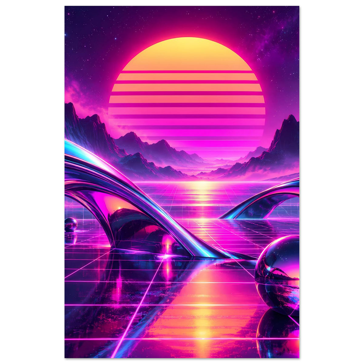 Retro-Science-Fiction-Poster mit großer Sonne, Neonstraßen, Bergen und Astronauten-Silhouetten