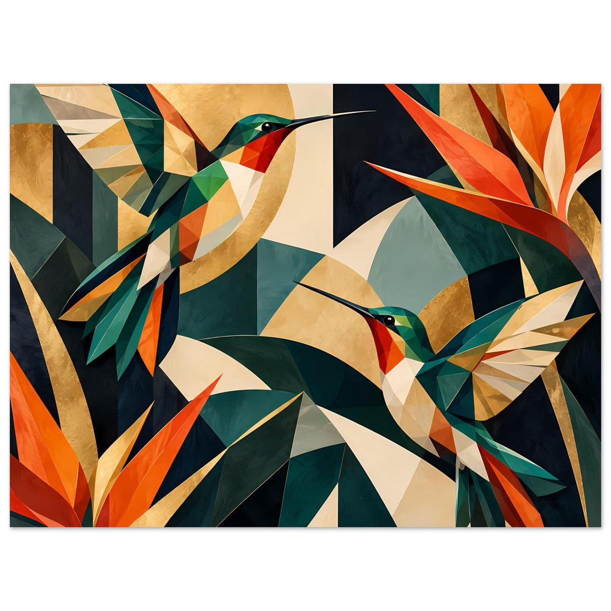 Kunstdruck mit geometrischen Kolibris in kräftigen Juwel-Tönen, horizontal, enger zugeschnitten