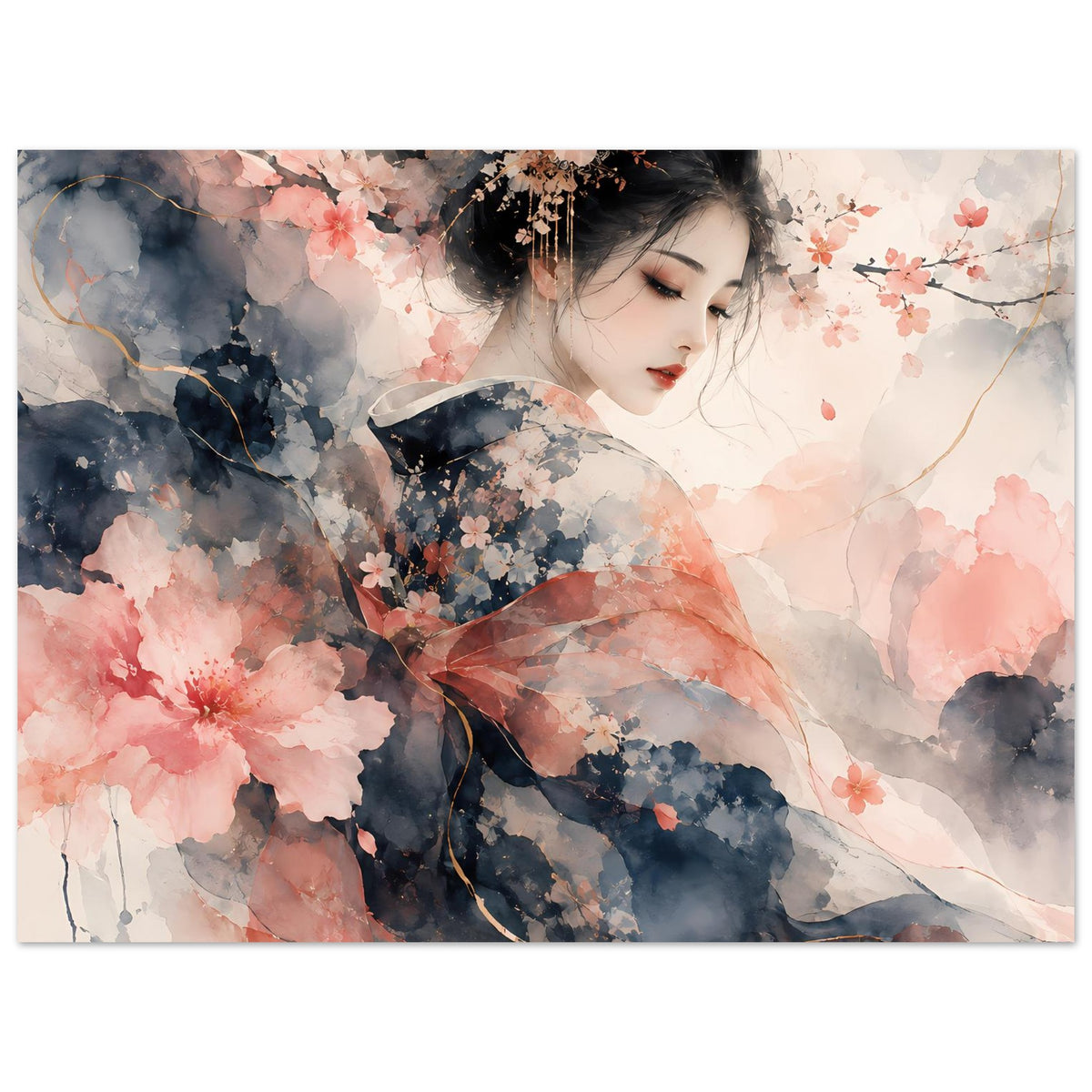 Poster im Querformat: Aquarellkunst mit Frauengesicht, Kirschblüten und feinen Zweigen