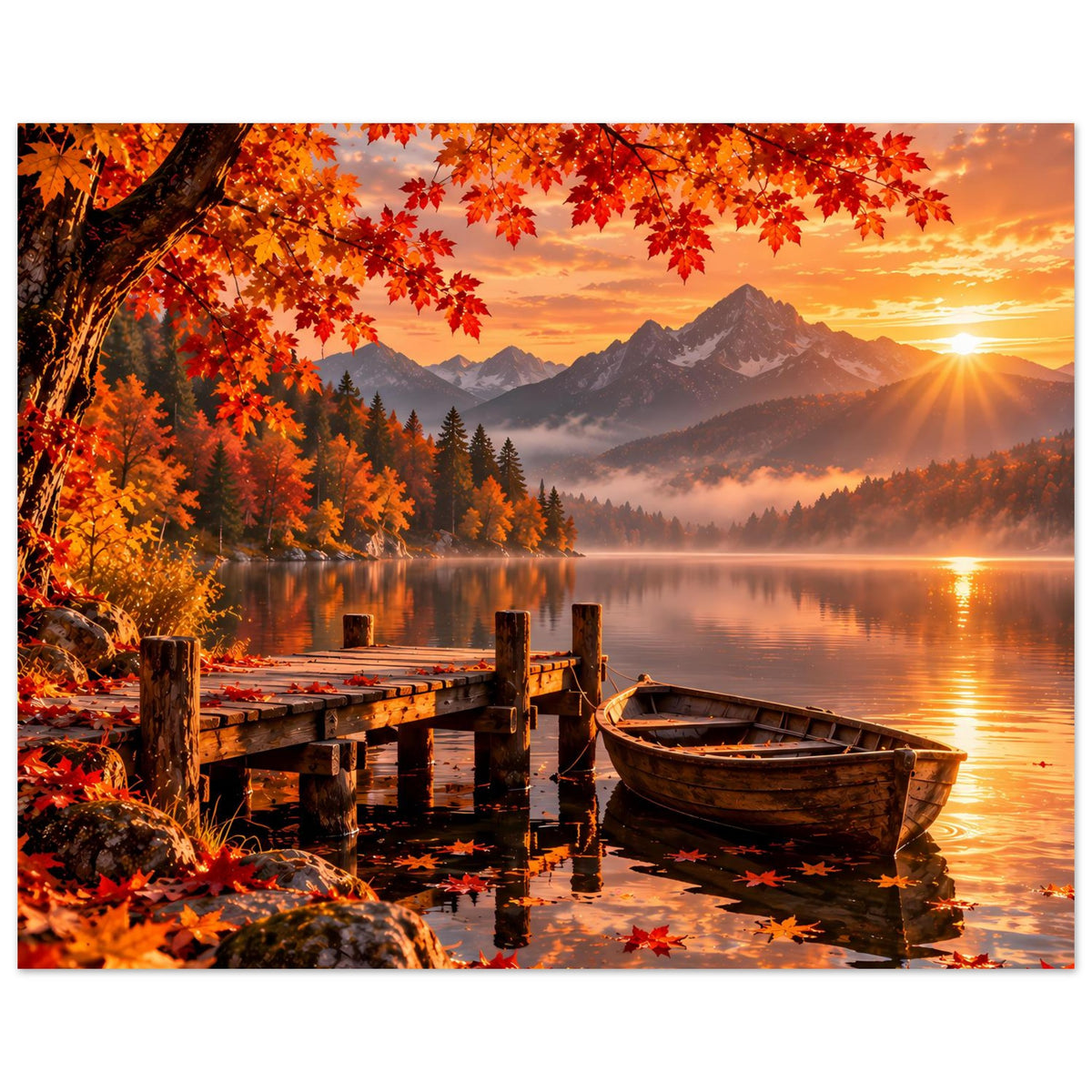 Herbst-Berglandschafts-Poster: rotes Blätterdach, Berge, See mit Steg und Boot