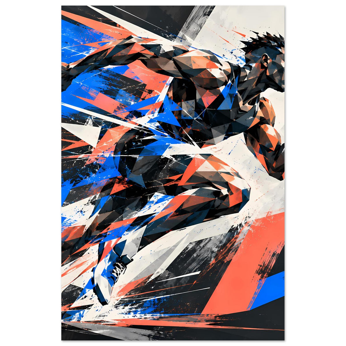Dynamisches Läuferposter mit abstrakter Sport-Silhouette in Blau, Orange, Weiß auf Papier