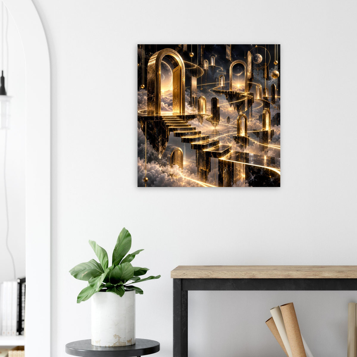 Poster mit goldenen Torbögen, Treppe, leuchtenden Details und Wolken im Hintergrund