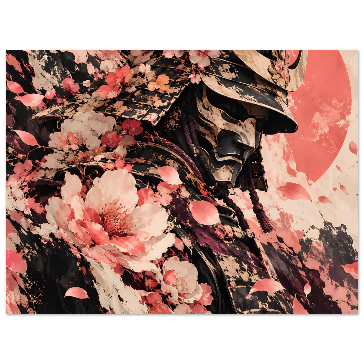 Poster im Querformat: Samuraihelm im Detail mit Kirschblüten, rosa und schwarze Spritzer