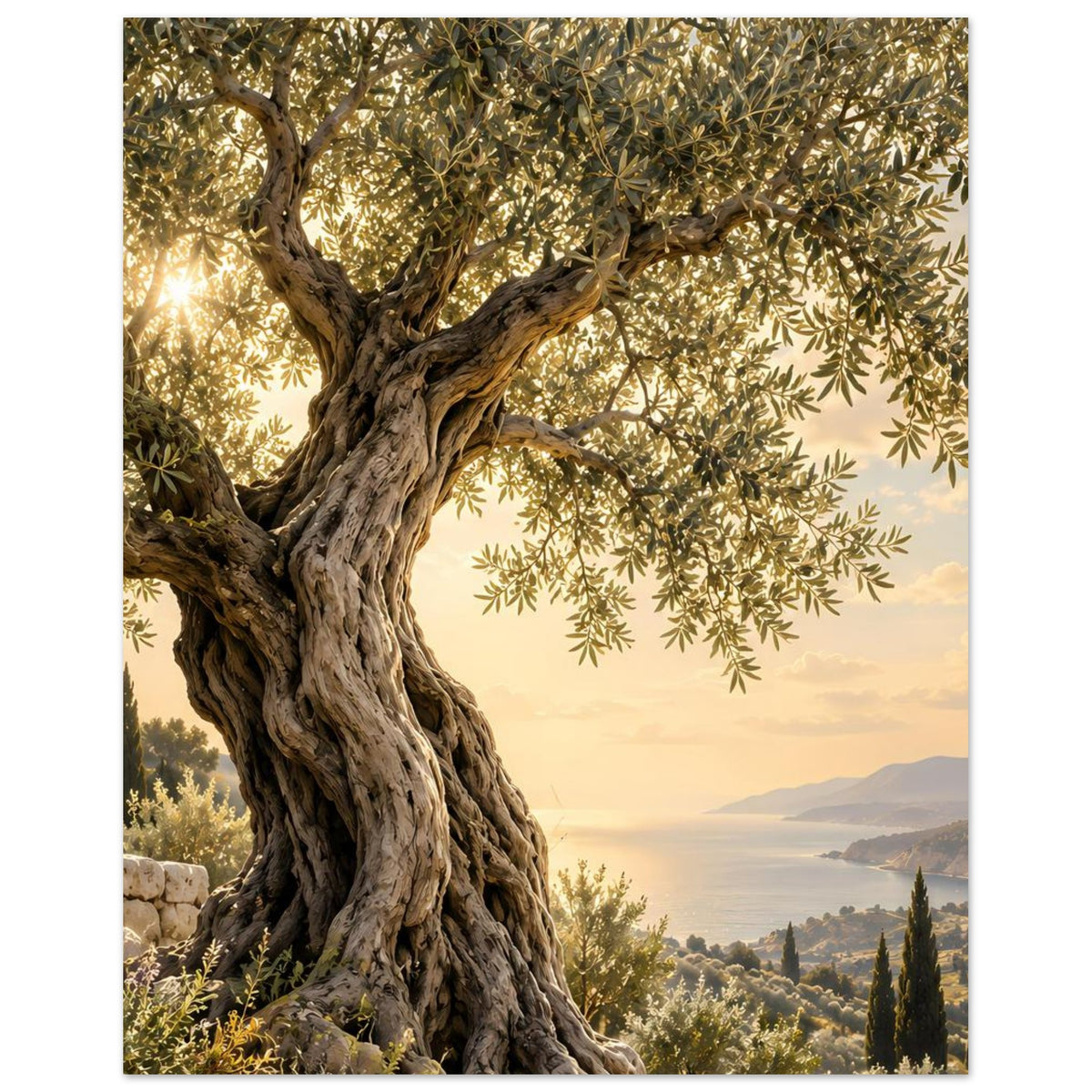 Poster mit altem Olivenbaum: markanter Stamm, grüne Blätter und goldener Sonnenhorizont