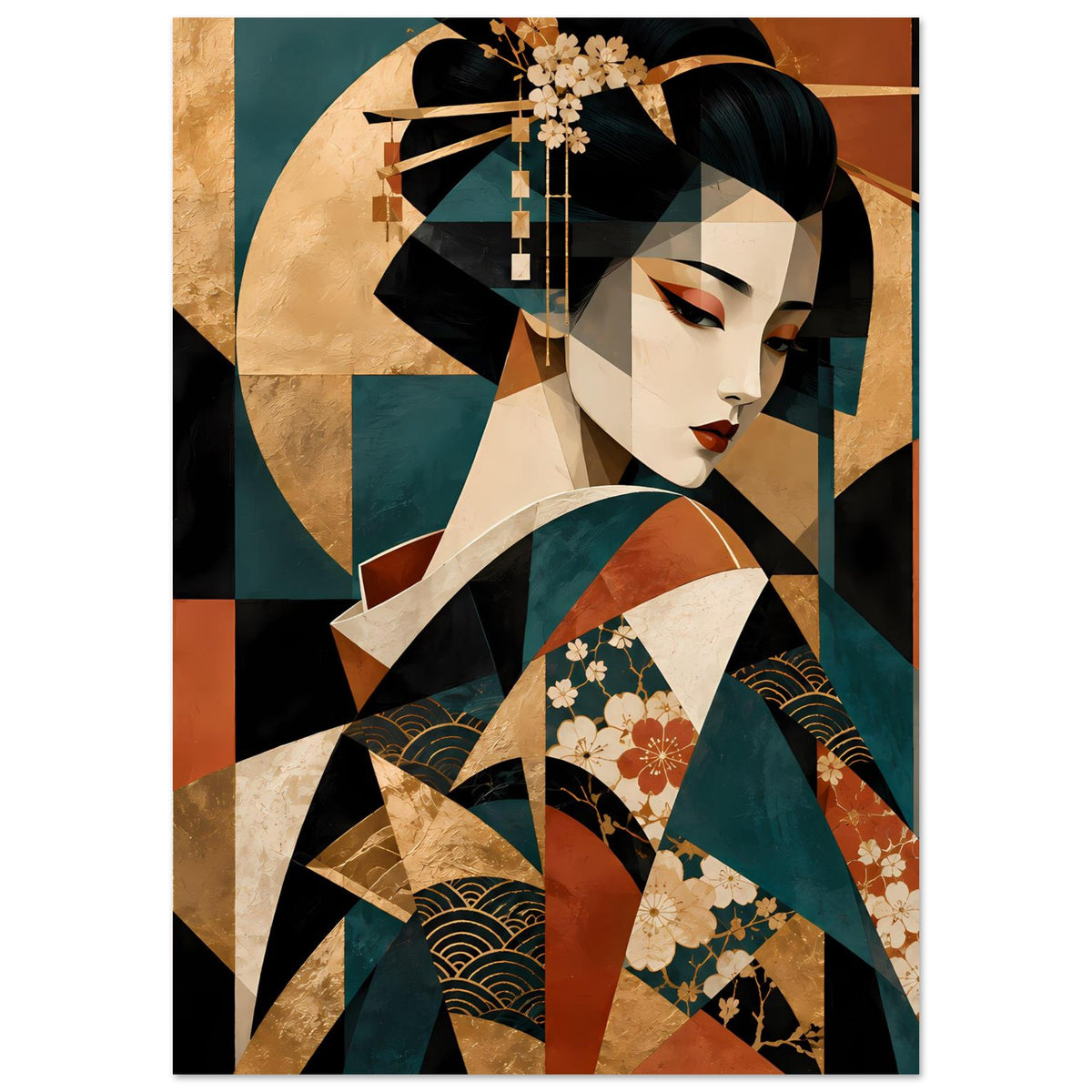 Kunstposter einer Geisha im Halbprofil, Kimono mit floralen Motiven und Wellen in Türkis und Rot