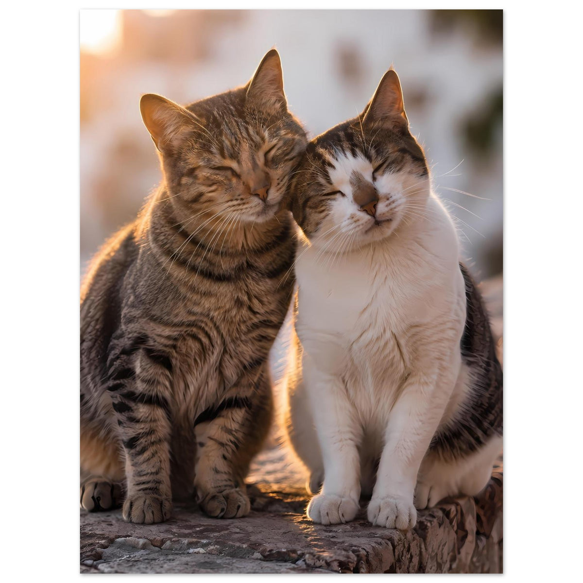 Katzenposter mit zwei kuschelnden Katzen, graubraun und weiß, Augen geschlossen