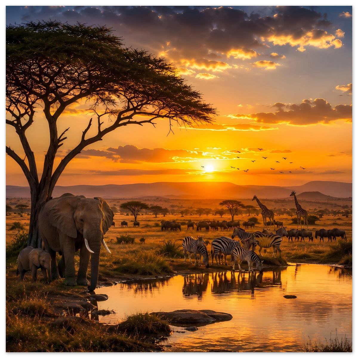 Poster mit Elefanten links, Zebras am Wasserloch und Sonnenuntergang über der Savanne