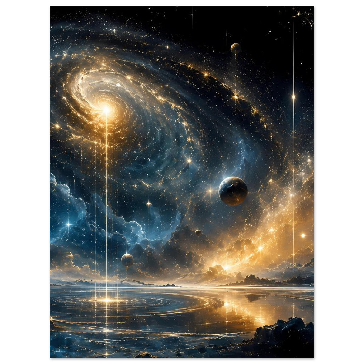 Mystisches Weltraum-Poster mit Spiralgalaxie, Sternen und Planeten über Wasser
