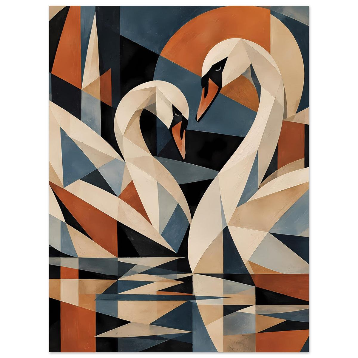Kubistisches Schwanen-Poster, abstrakte Schwanenkontur in Blau, Orange, Beige und Schwarz