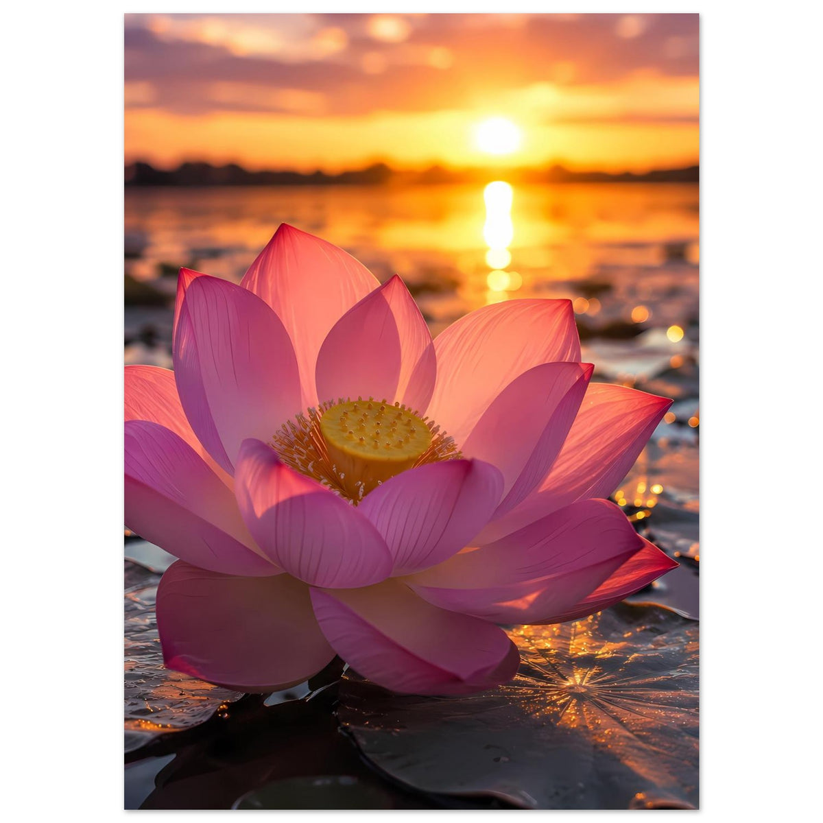 Lotusblüten-Poster im Hochformat: große pinke Blüte mit gelbem Zentrum