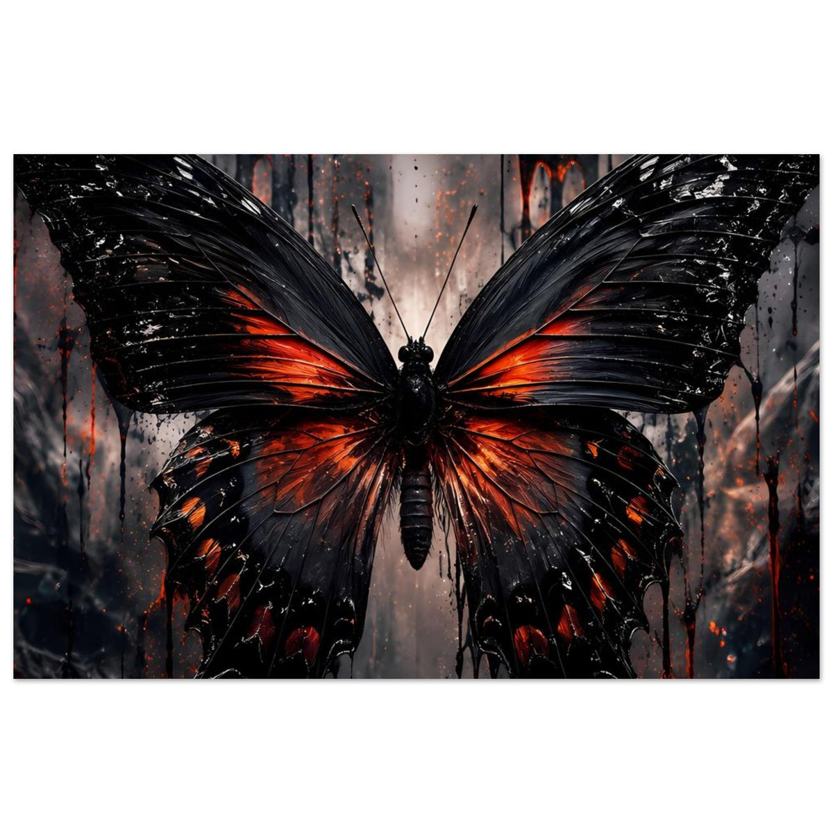 Schmetterlingsposter im Panorama-Ausschnitt: schwarzer Schmetterling mit orangen Flammenstreifen