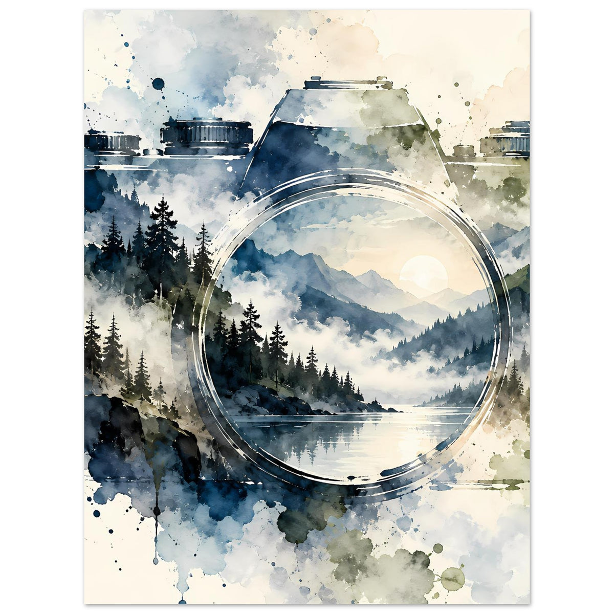 Aquarellposter mit Vintage-Kamera-Motiv: Berge, Nadelwald und See im kreisförmigen Linsenrahmen