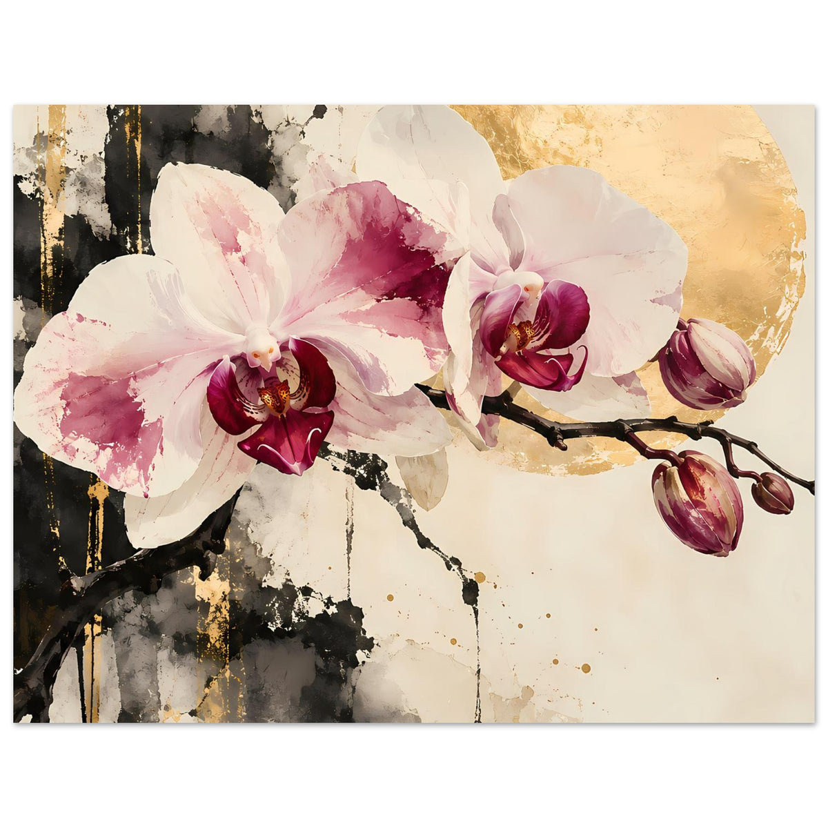 Blumenposter mit Orchideenblüten in Weiß und Rosa, goldene Akzente, dunkle Zweige
