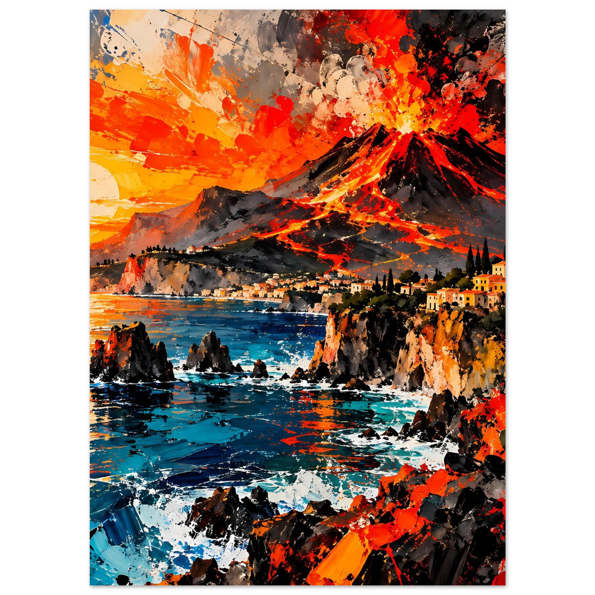 Vulkan-Eruptionsposter, vertikal: blaues Meer mit Felsinseln und orange-rotem Feuer
