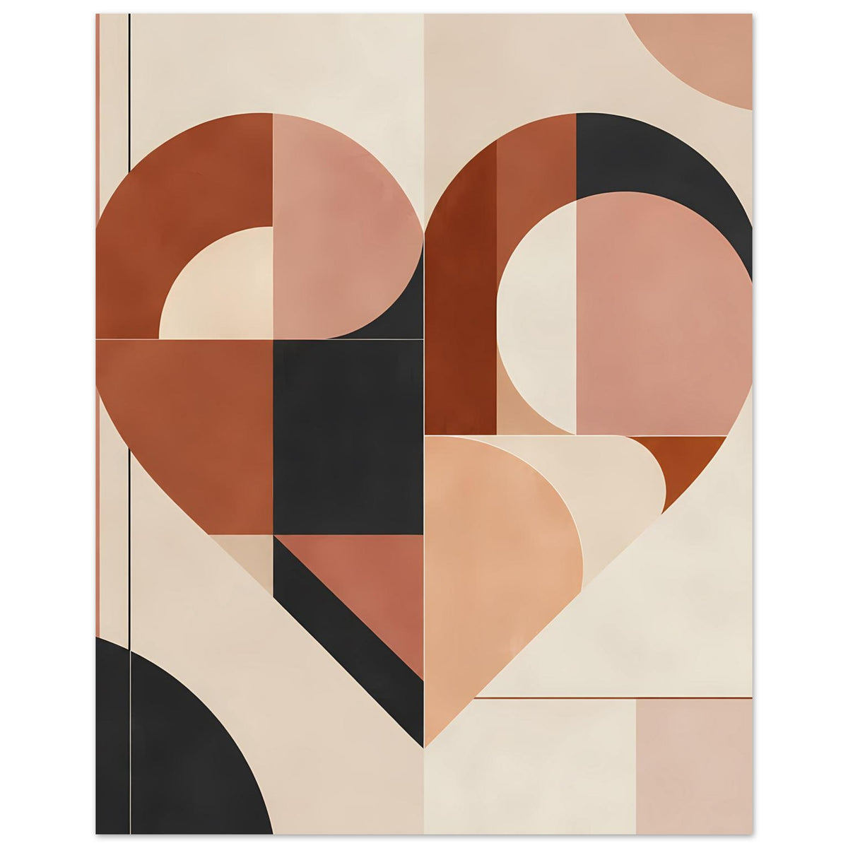 Gerahmtes Poster mit geometrischem Herz aus Kreisen und Rechtecken in Terrakotta, Rosa und Schwarz