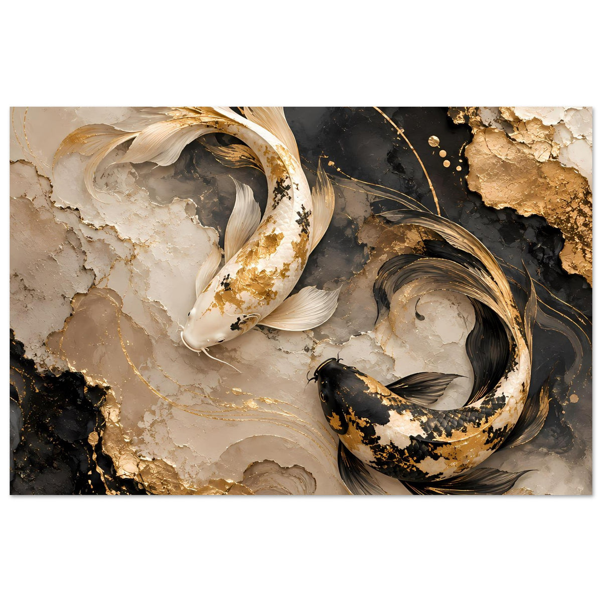 Wandposter mit gold-schwarzem Koi-Fischmotiv auf marmoriertem Hintergrund