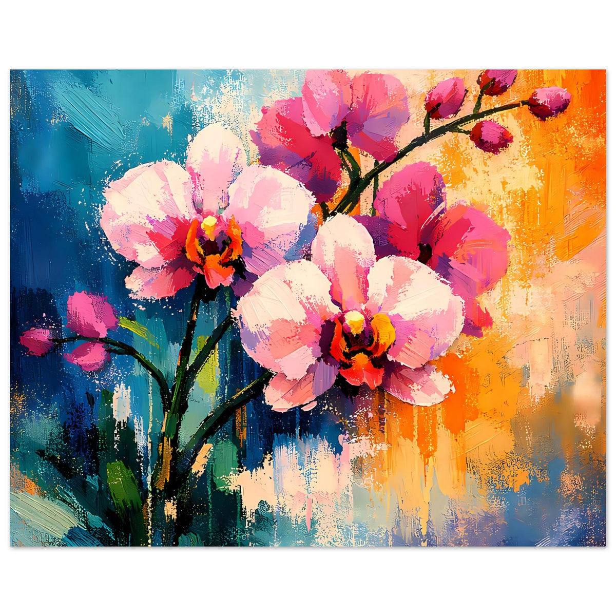 Blumenposter: kräftige rosa und rote Blüten auf schwarzen Stielen, orange-blaue Farbfelder