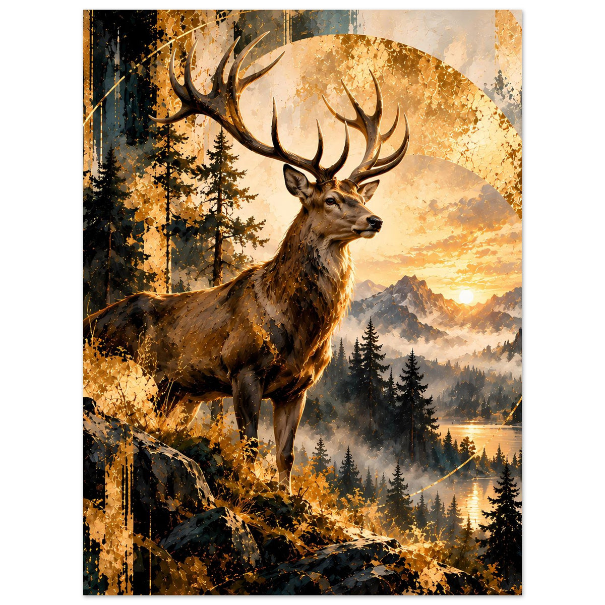 Poster mit Hirsch im Sonnenbogen über Bergkulisse und Tannen, im Rahmen
