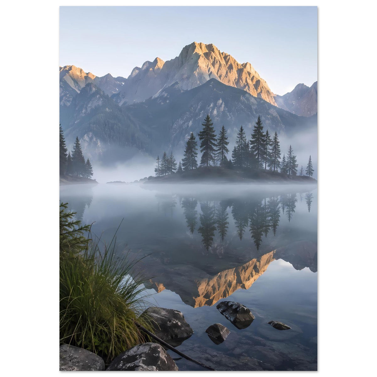 Poster mit Bergmassiv, Morgenlicht und Spiegelung im See, umgeben von Tannen