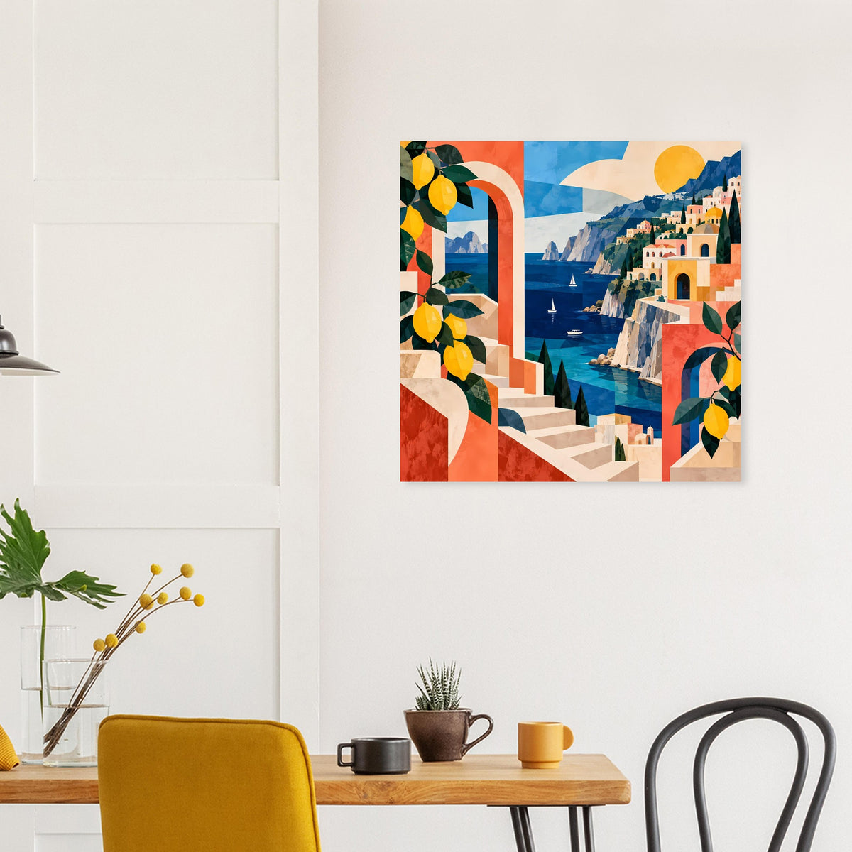 Wandposter mit mediterranen Häusern am Hang, blauem Wasser und Zitronen an der Seite