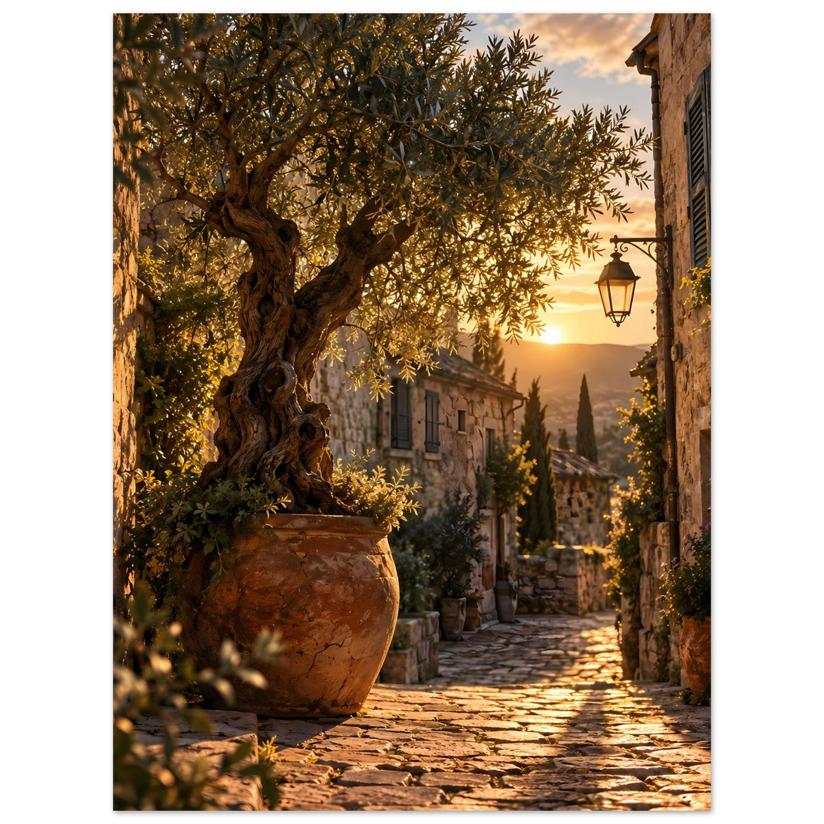 Vertikales Sonnenuntergangs-Poster mit Olivenbaum im großen Terrakotta-Topf und Laterne