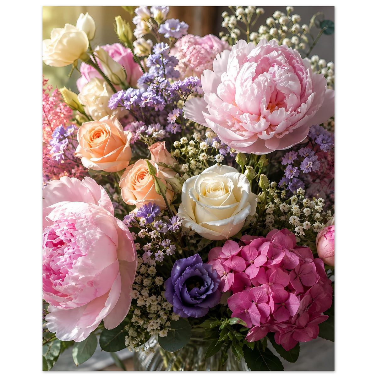 Blumenstrauß-Poster mit weißen, orangefarbenen und pinken Rosen sowie lila Blüten